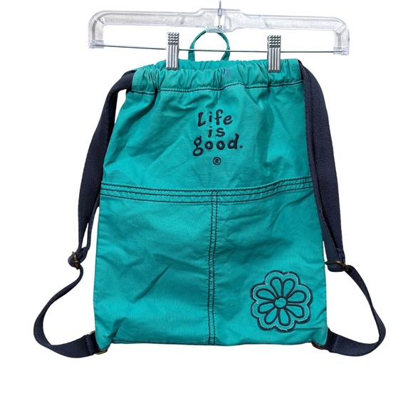 Life Is Good Handbags - Life is Good Backpack Women OS Teal Green Drawstring Daisy Canvas Cinch Bag